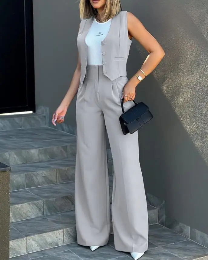 New 2024 Women's Summer Casual 2PCS Pants Sets Solid Vest +Pants Sets Elegant High Waist Wide Leg Outfits Women Matching Sets