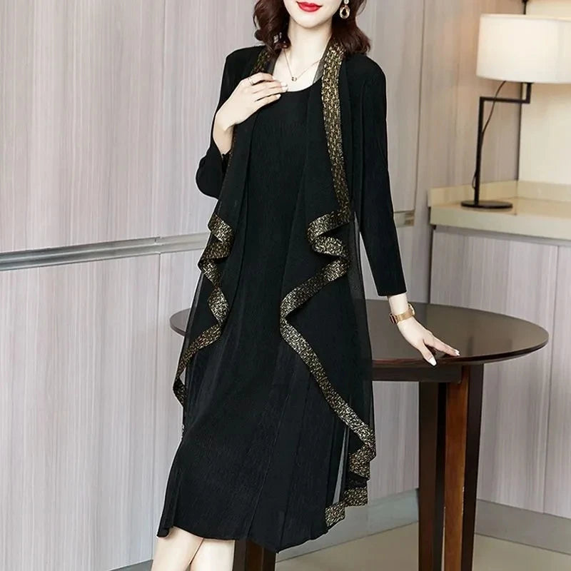 2023 Autumn New Vintage High End Elegant Dress Casual Western Style Large Size Loose Fake Two Pieces Shawl Dress Long Vestidos