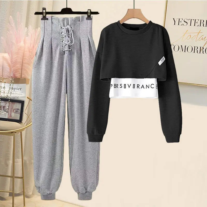 Korean Popular Autumn New Long Sleeve T-shirt High Waist Lace Casual Harun Trousers Two Piece Elegant Women's Pants Set