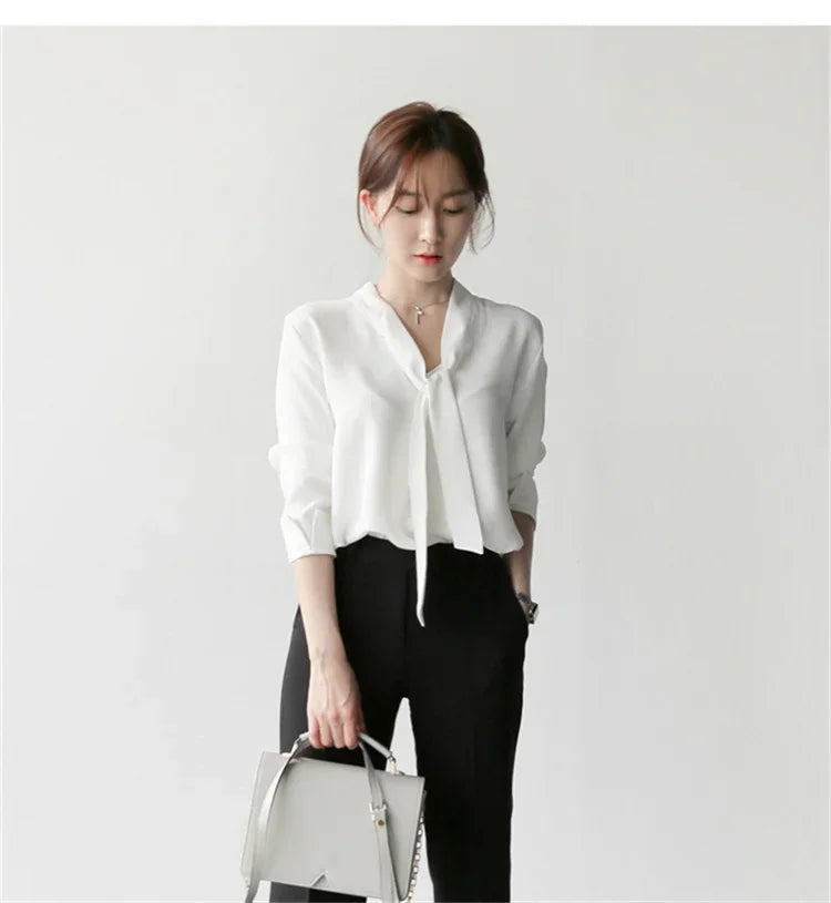 Pullover Blouse Summer Shirts for Women Korean Fashion Office Blouses blusas Autumn Long Sleeve Tie Bow Chiffon Formal Shirts