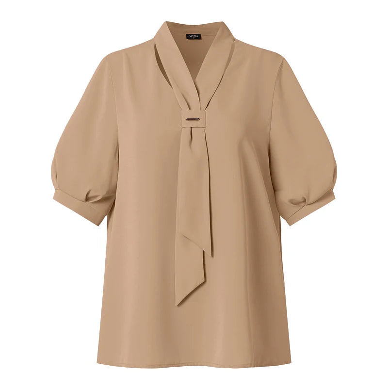 VONDA 2024 Summer Women Tops Fashion Casual Short Sleeve Chiffon Blouse Tie Shirts Loose Solid Color Tunic Blusas Femininas