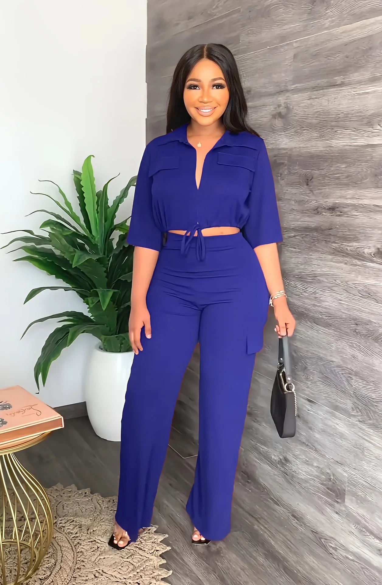 Elegant Women's Set Casual Drawstring Half Sleeve Short Blouse High Waist Straight Wide Leg Pant Suit Tracksuit Two Piece Outfit