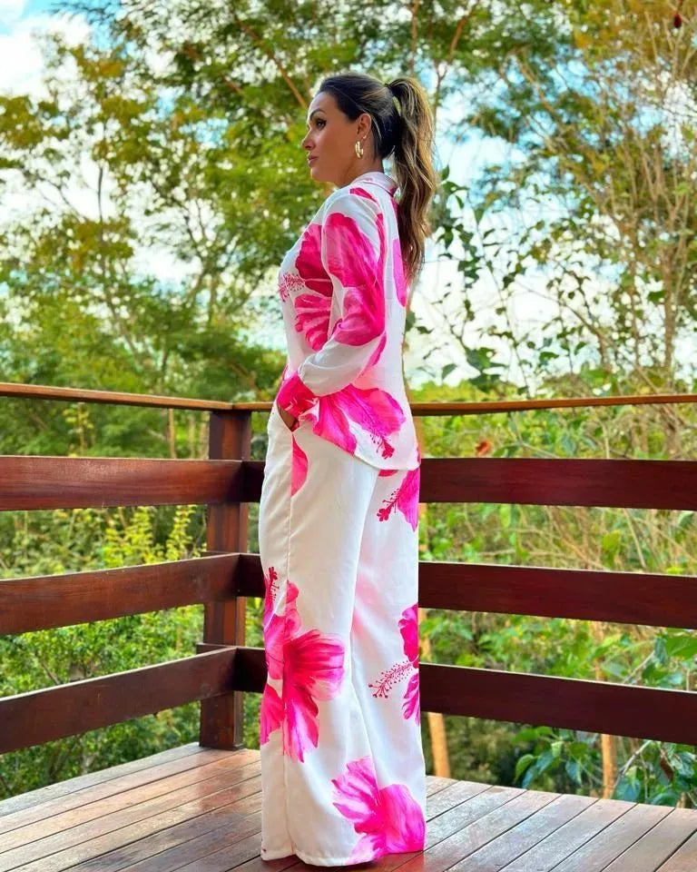 2023 Women's Casual Daily Shirt Set Floral Fashion Printed Shirt Spring Autumn Wide Leg Pants Women's Office Two-piece Set