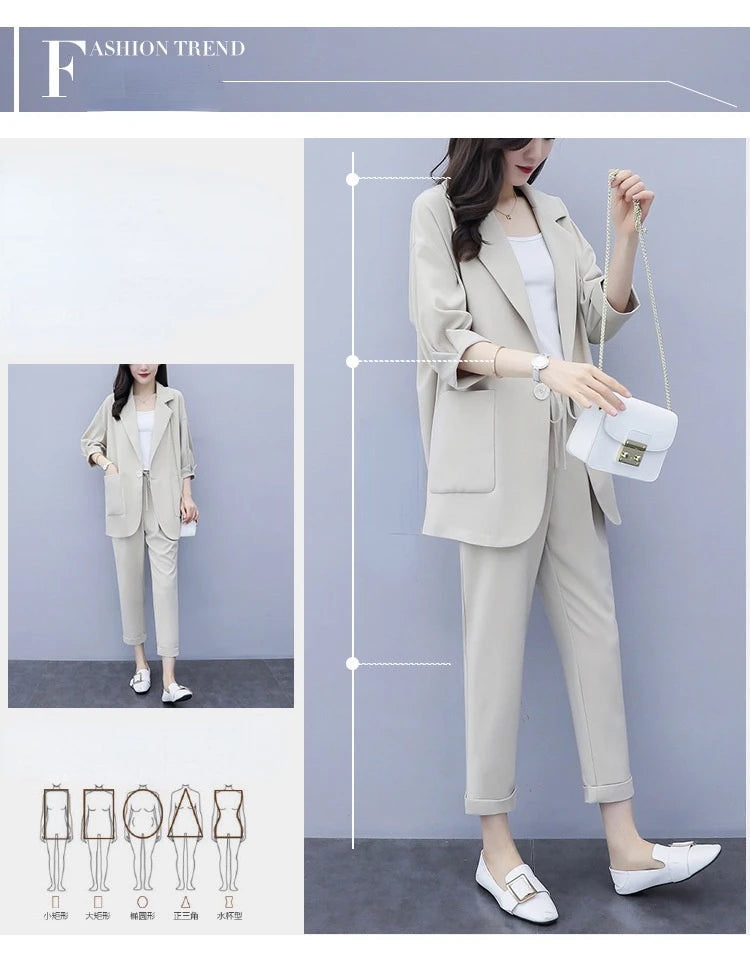 Spring and Autumn New Fashion Plus Size Women's Three Piece Suit Cotton Blended Single Button Coat Nine Point Pants Office