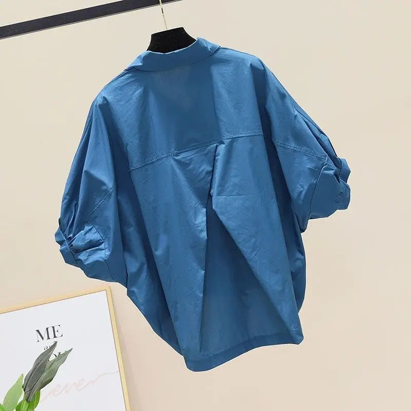 Summer New Bat Sleeve Pockets Shirt Women Loose Casual Short Sleeve Blouse Solid Lace Up Tops Half Shirts Lady High Street Trend