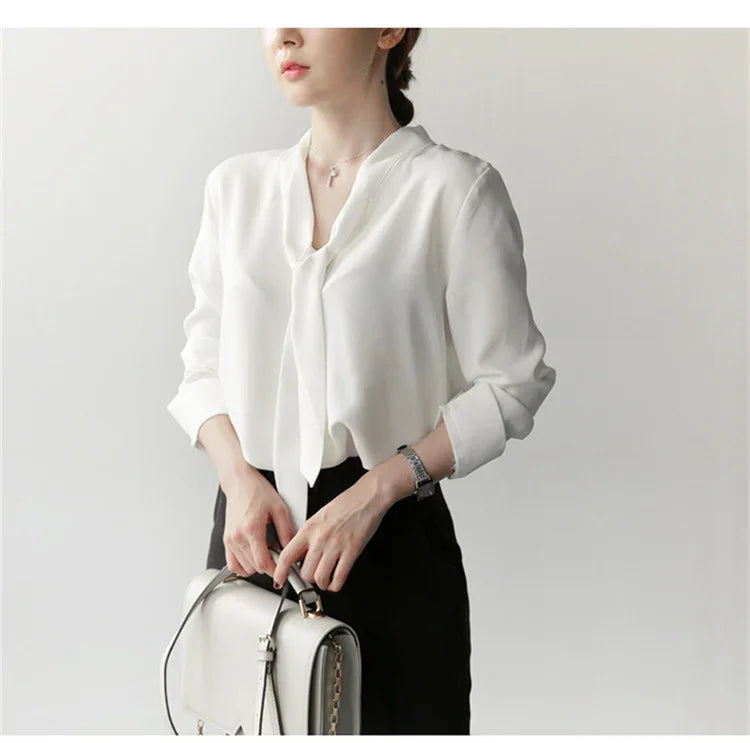 Pullover Blouse Summer Shirts for Women Korean Fashion Office Blouses blusas Autumn Long Sleeve Tie Bow Chiffon Formal Shirts