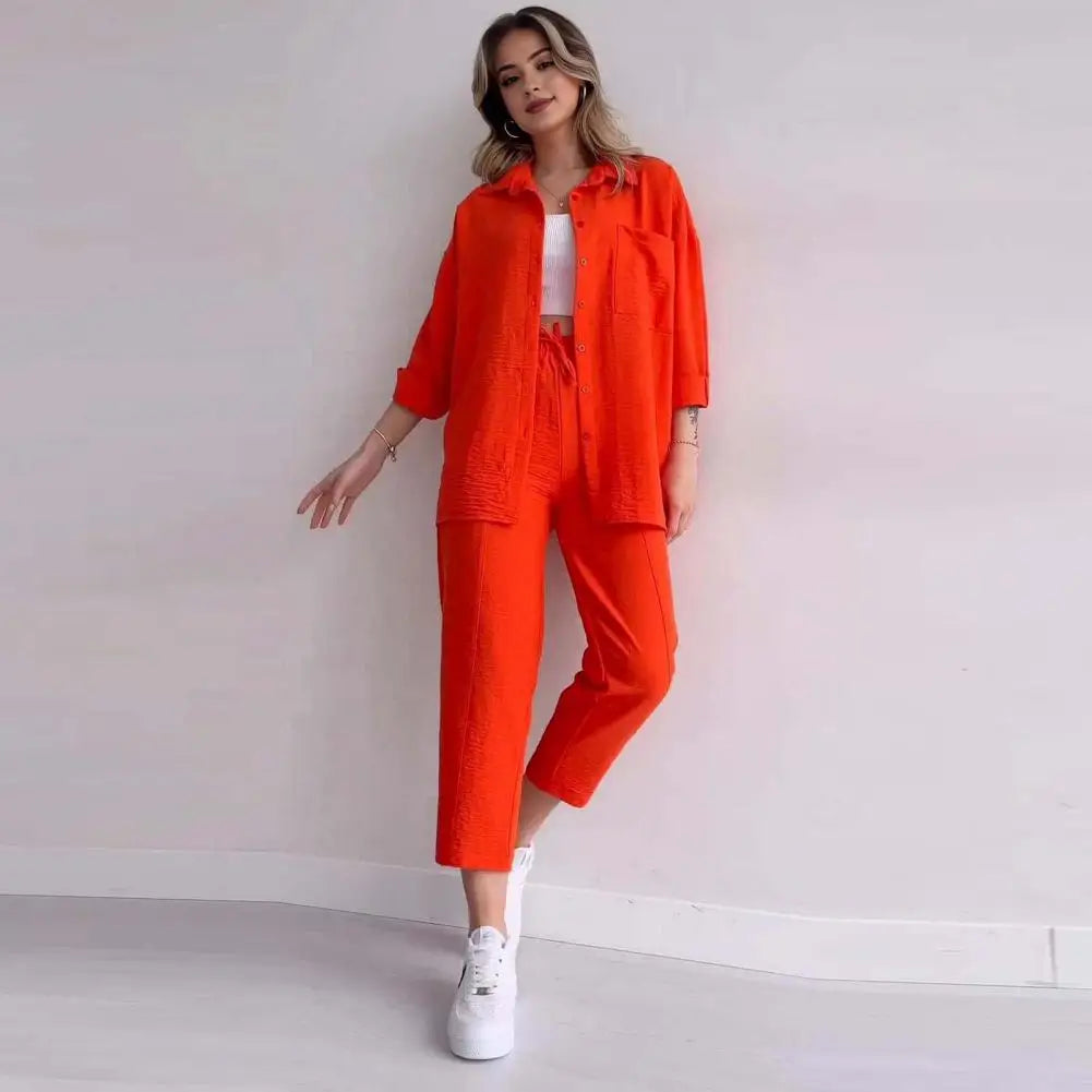 Solid Color Two-piece Outfit Stylish Women's Shirt Pants Set with Lapel Collar Chest Pocket Casual Outfit with for Everyday