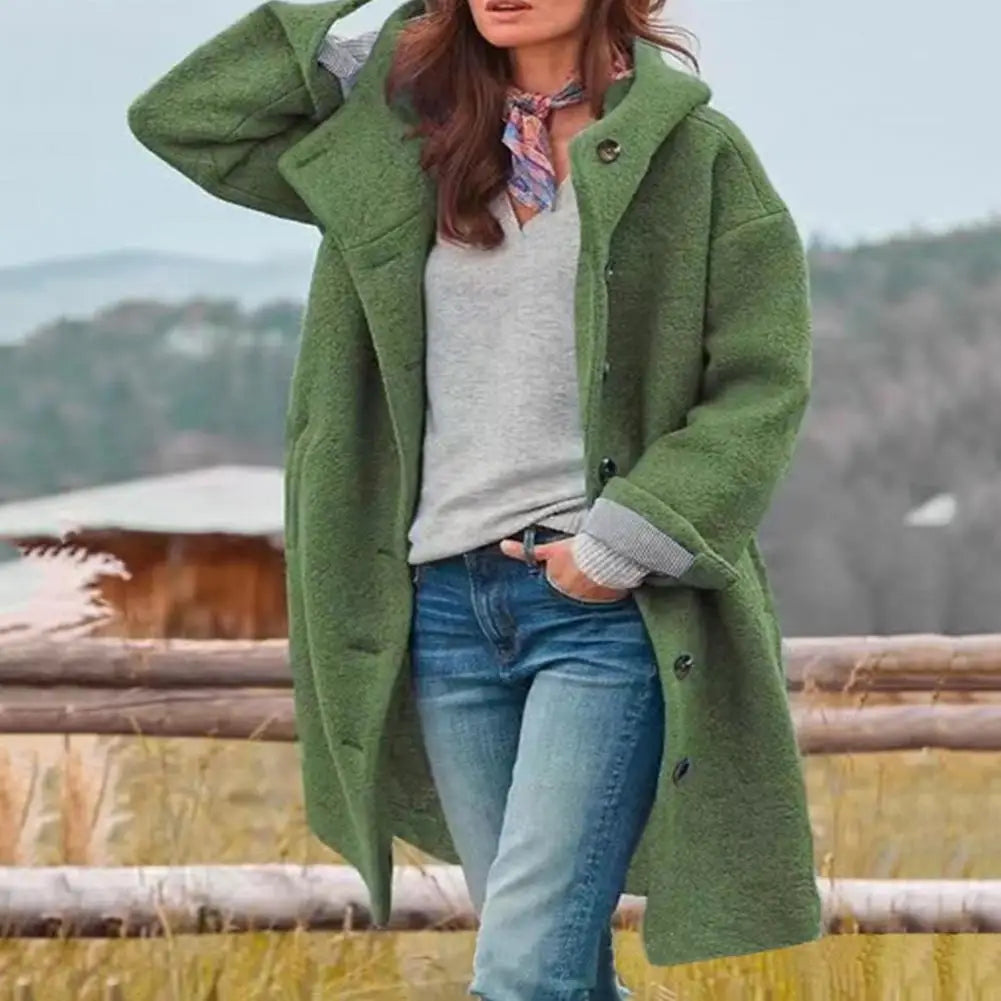 Mid-length Women Jacket Woolen Fabric Jacket Stylish Women's Hooded Overcoat with Pockets Warm Windproof Mid for Fall for Daily