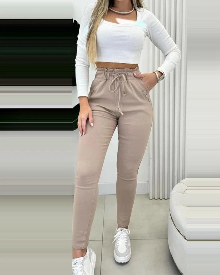 Elegant Women's Pants Autumn Casual High Waisted Drawstring Waist Button Decor Fleece Lined Skinny Pants Daily Small Leg Pants