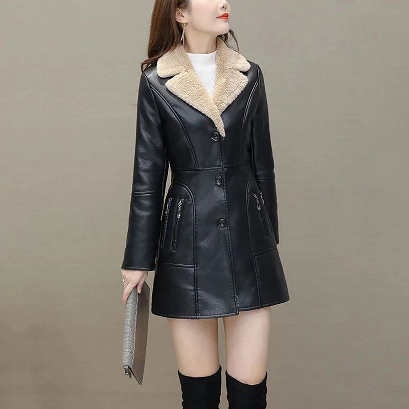 Womens Leather Windbreaker Plus Velvet Thick PU Leather Cotton Coat Long Suit Collar Large Size Fashion Warm Leather Jackets