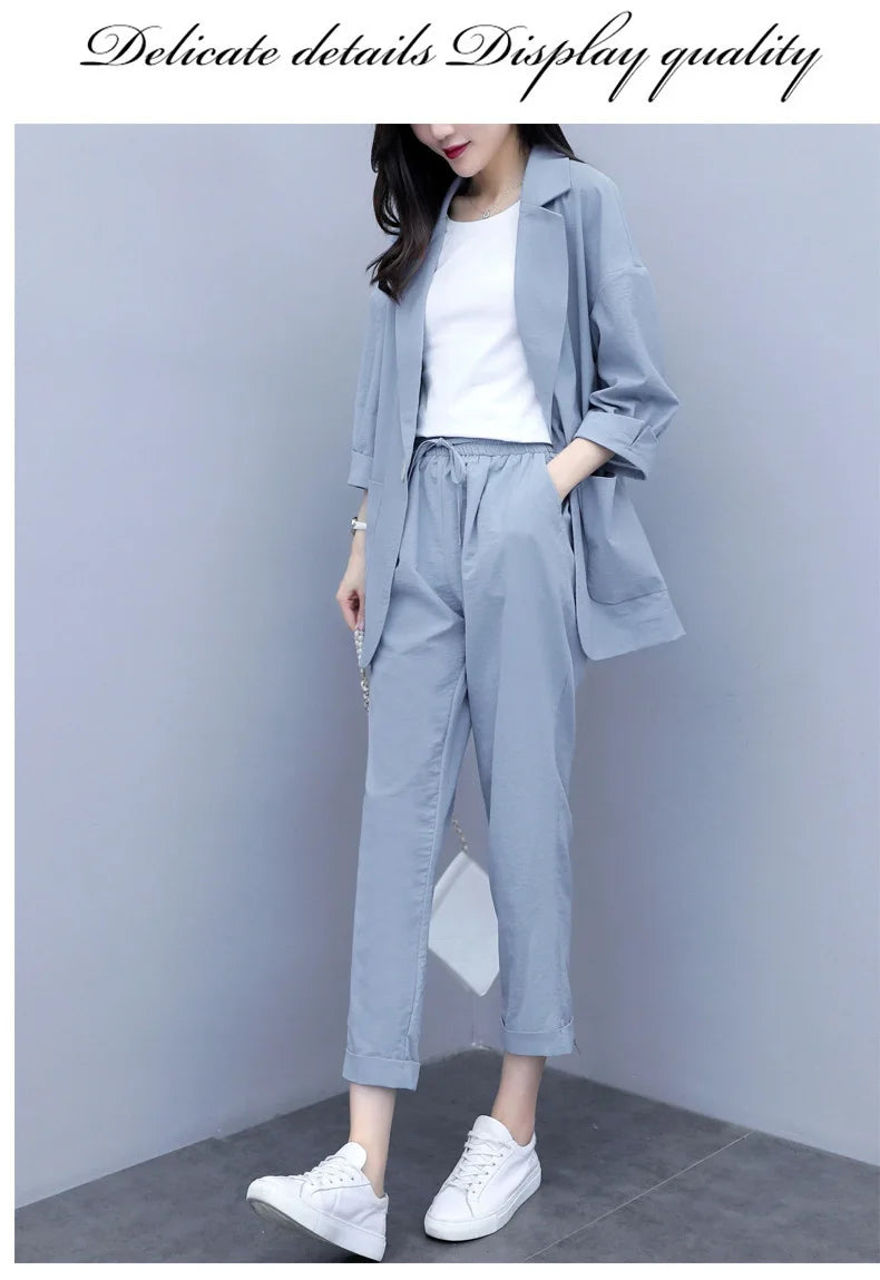 Spring and Autumn New Fashion Plus Size Women's Three Piece Suit Cotton Blended Single Button Coat Nine Point Pants Office