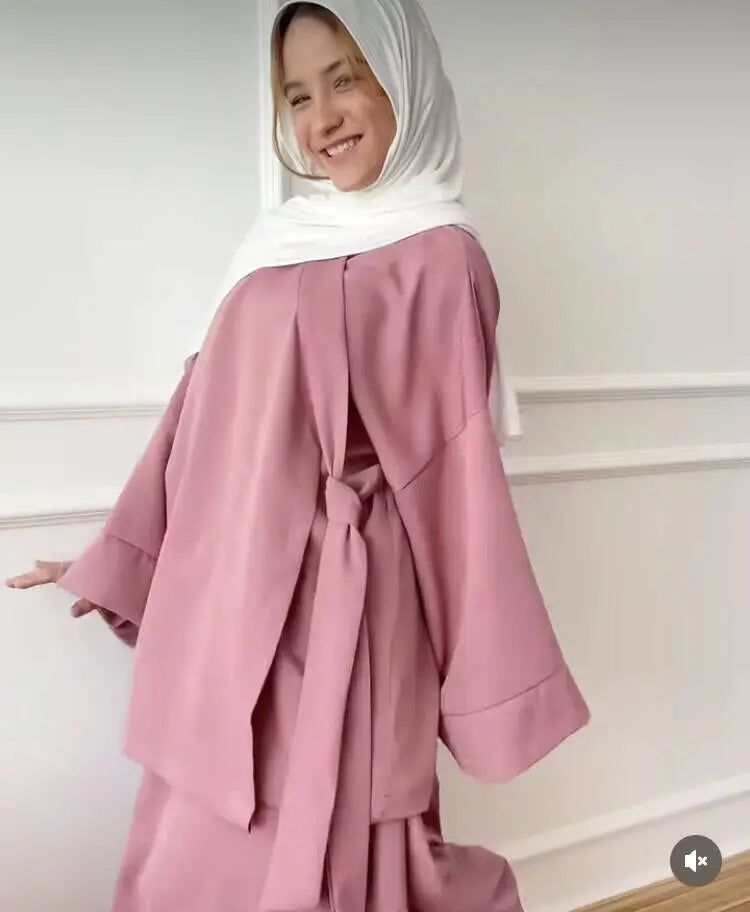 Eid Muslim Suit Modest Two Piece Women Lace Up Top Skirt Outfits Ramadan Morocco Dubai Abayas Ensemble Islam Arab Jalabiya