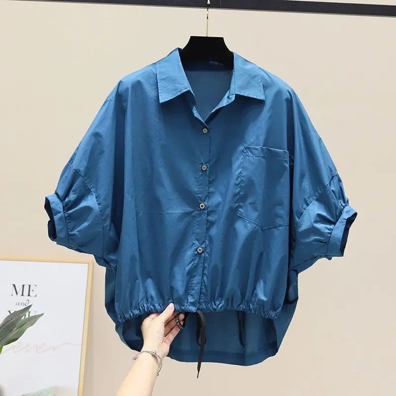 Summer New Bat Sleeve Pockets Shirt Women Loose Casual Short Sleeve Blouse Solid Lace Up Tops Half Shirts Lady High Street Trend