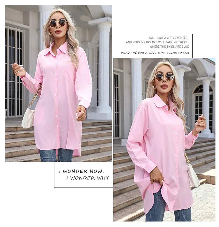 Long Shirt Women 2023 Vintage Pocket Shirts &Blouses Oversized Long Sleeve Blouse Fashion Women's Clothing Button Up Womens Tops