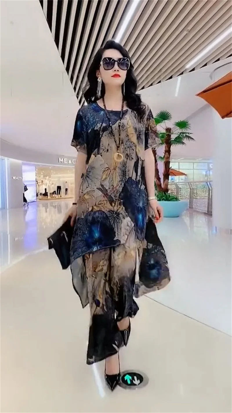 5XL Summer Sets Large Silk Wide Leg Trouser Set Women's Spring 2023 New Print Silk Fashion Slim Two Piece Set Female Elegant