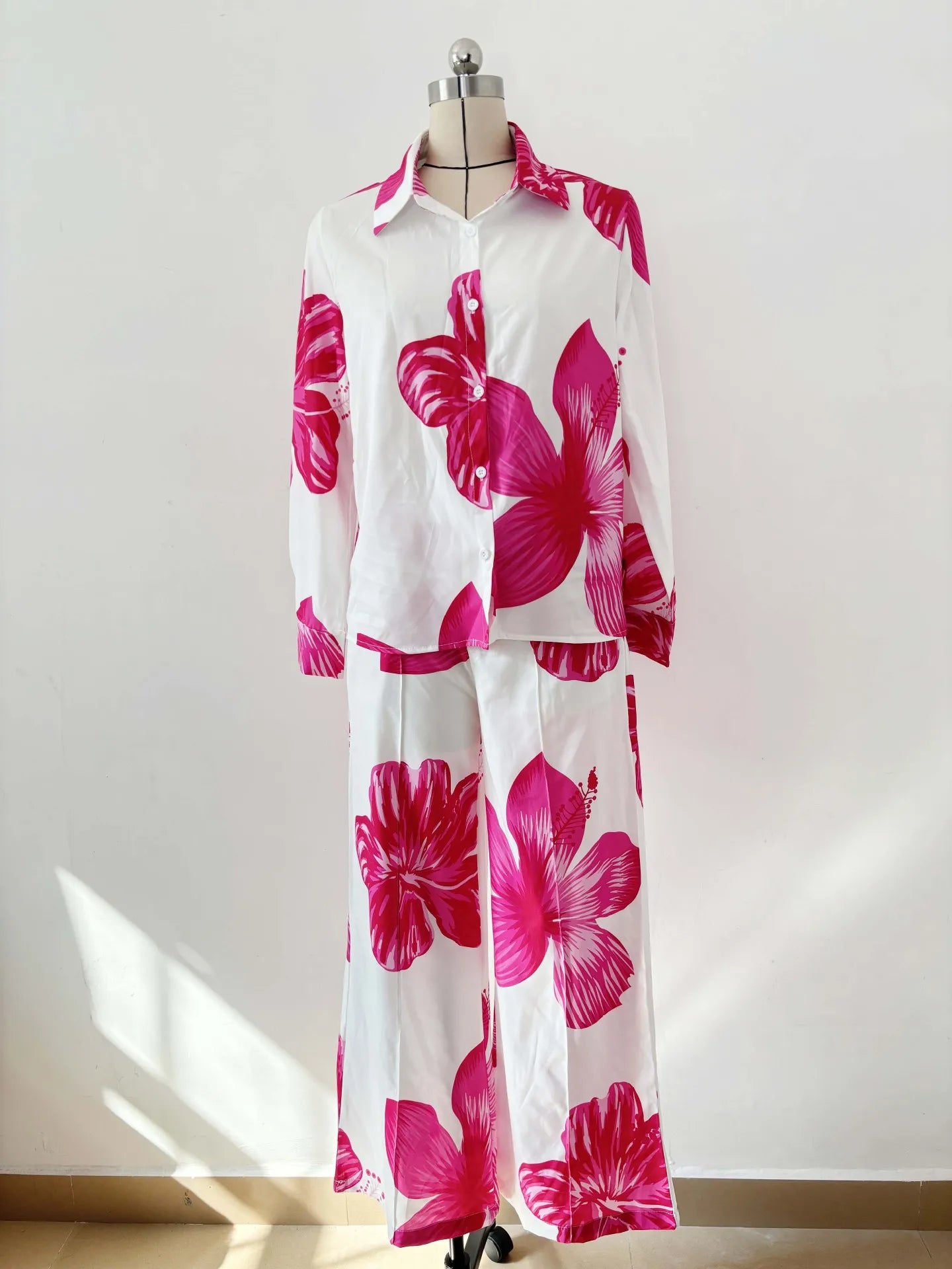 2023 Women's Casual Daily Shirt Set Floral Fashion Printed Shirt Spring Autumn Wide Leg Pants Women's Office Two-piece Set
