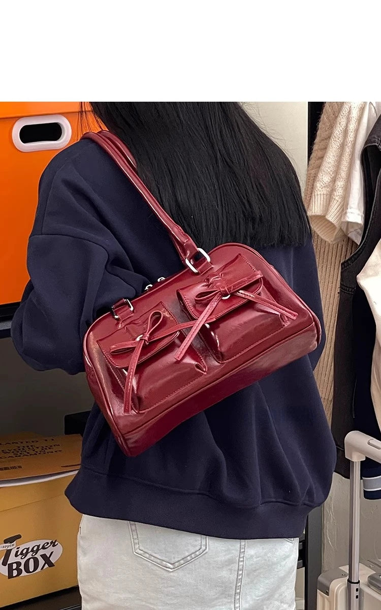 Xiuya Silver Pleated Womens Shoulder Bag Elegant Gentle Korean Fashion Leather Handbag Bow Sweet New Simple Ladies Boston Bag