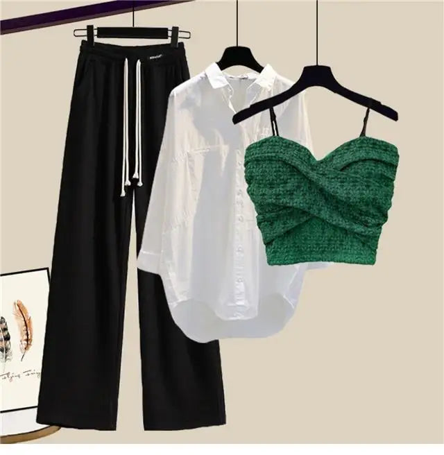 2023 Summer New Wide Free Casual Wide Leg Trousers White Shirt Wave Bra Vest Three Piece Elegant Women's Pants Set Tracksuit