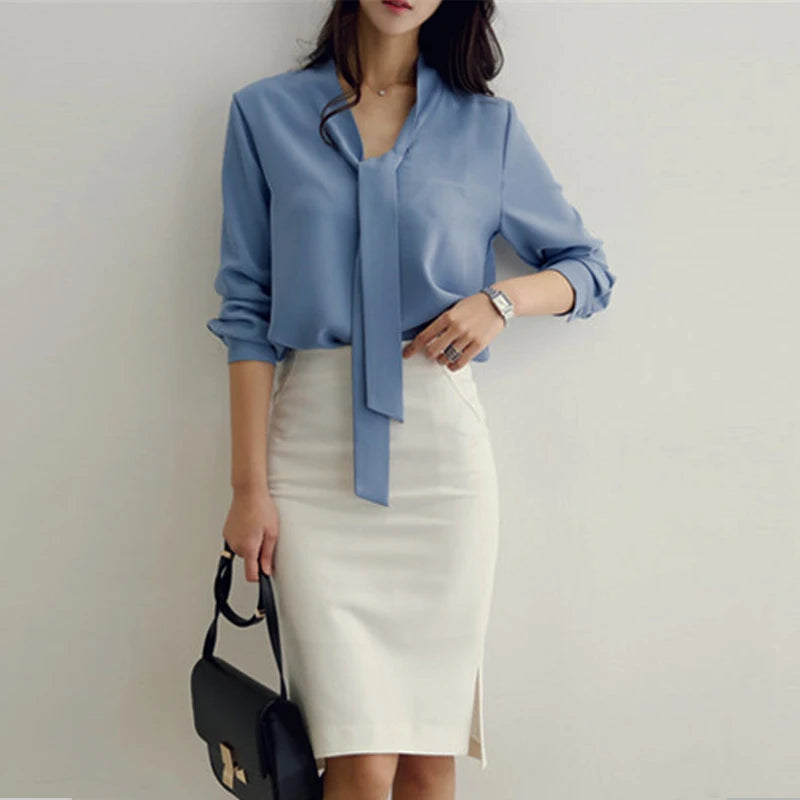 Pullover Blouse Summer Shirts for Women Korean Fashion Office Blouses blusas Autumn Long Sleeve Tie Bow Chiffon Formal Shirts