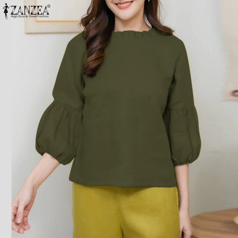 ZANZEA Summer Elegant 3/4 Puff Sleeve Blouse Fashion Women Shirt Female Tunic Tops Casual Solid OL Work Blusas Oversize Chemise