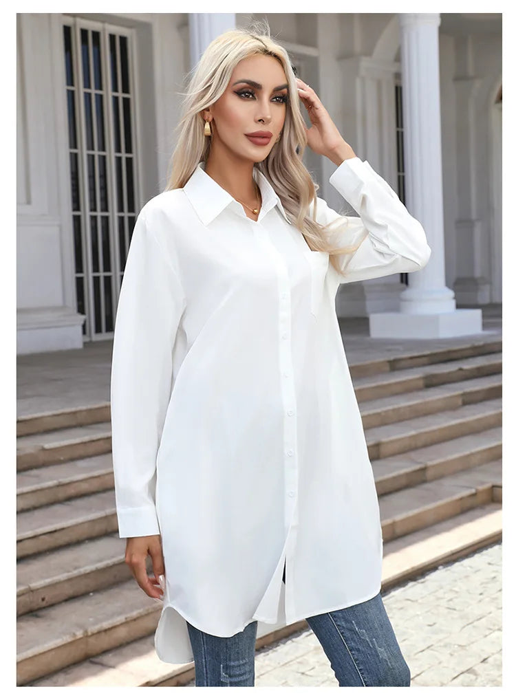 Long Shirt Women 2023 Vintage Pocket Shirts &Blouses Oversized Long Sleeve Blouse Fashion Women's Clothing Button Up Womens Tops