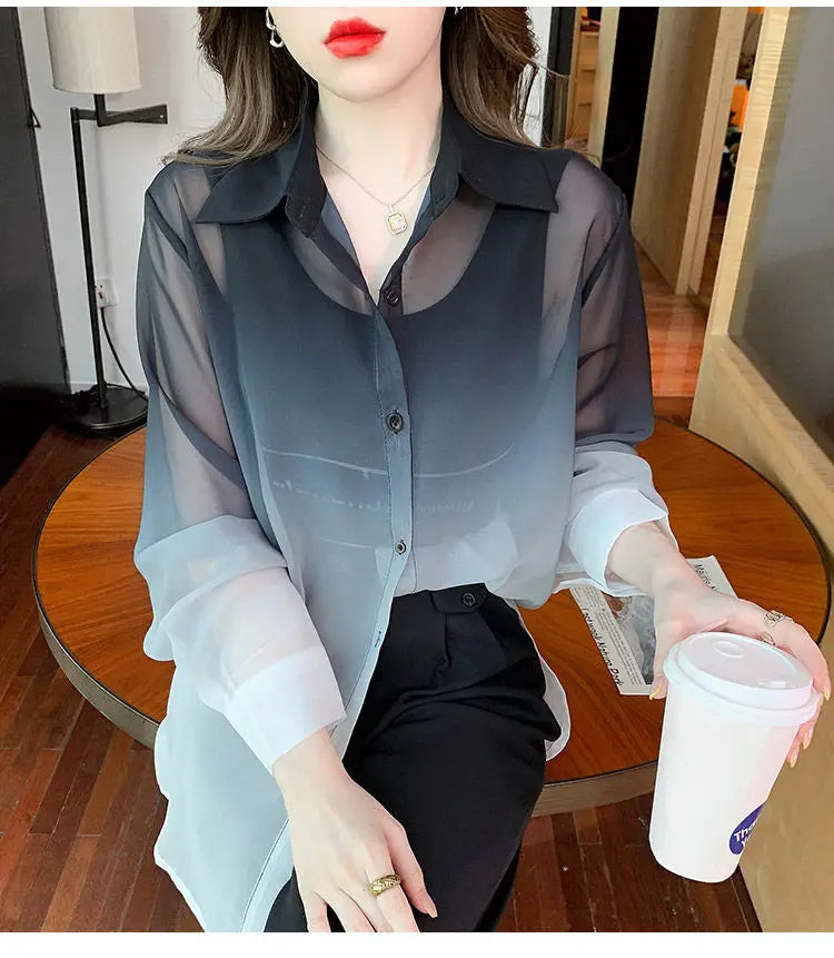 Shirts Women Gradient Loose Leisure Summer Sunscreen Lapel Thin Soft Designed Breathable Korean Fashion Clothing Office Lady New