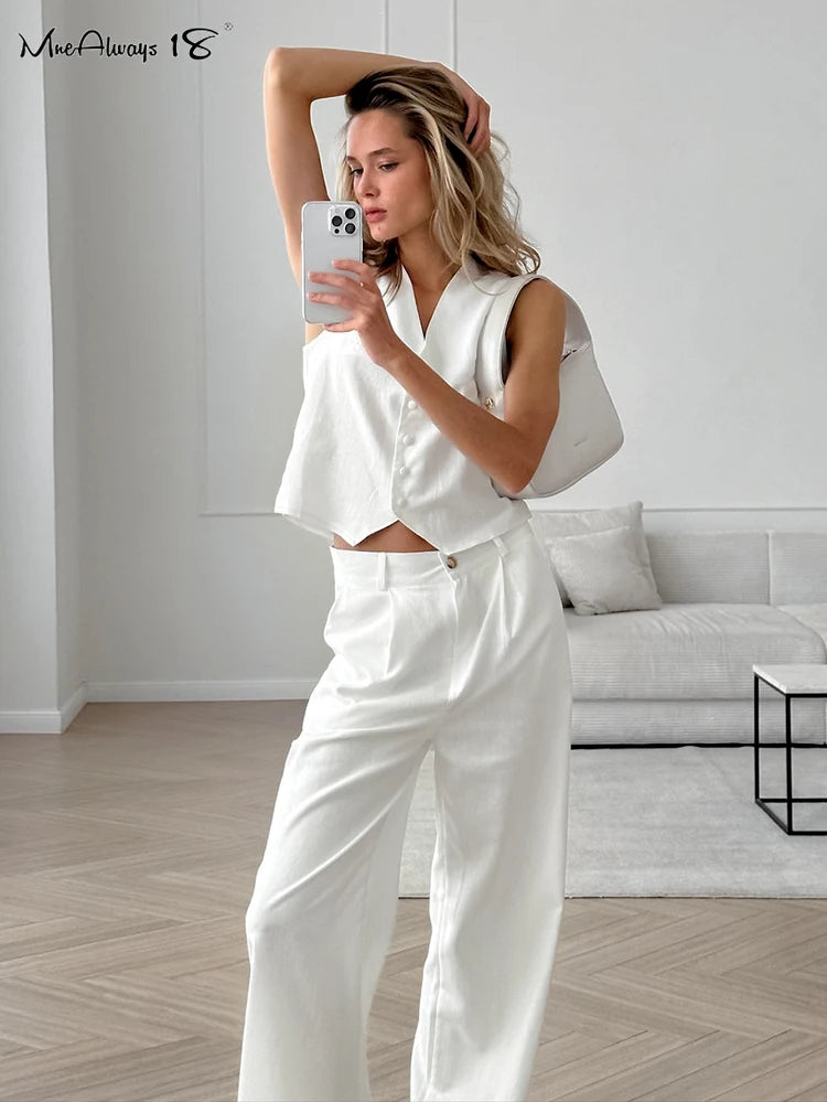 Mnealways18 White Cotton Pants Women's 2-Piece Set Clothing Linen Blazers Tops And Wide Leg Pants Elegant Women's Ensembles 2024