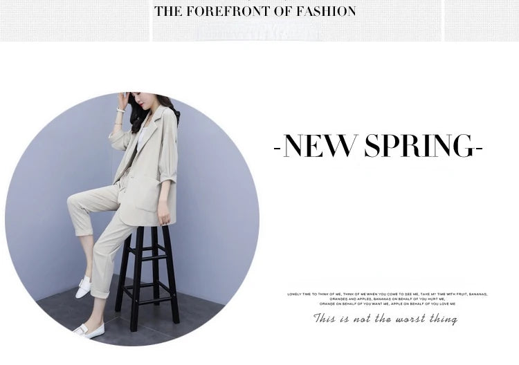 Spring and Autumn New Fashion Plus Size Women's Three Piece Suit Cotton Blended Single Button Coat Nine Point Pants Office