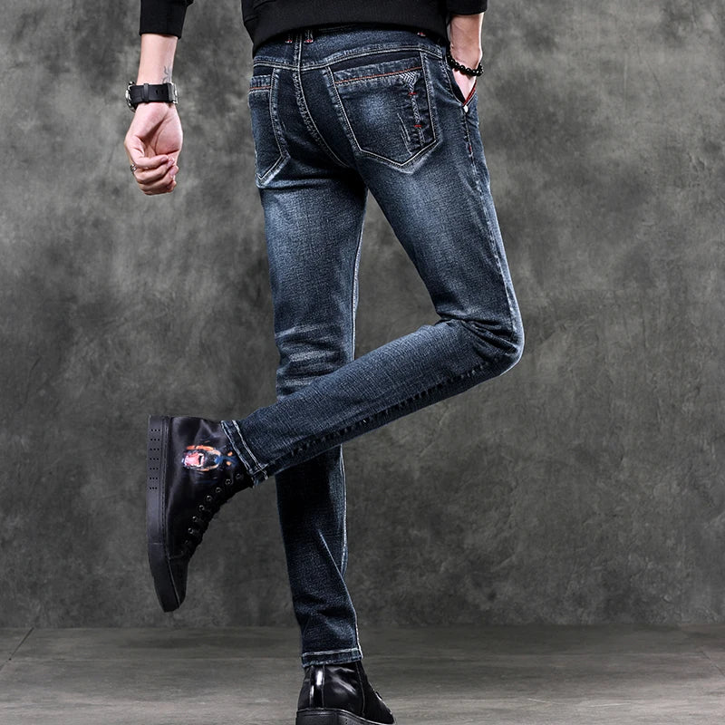Men's Denim Jeans Classic Stretch Slim Straight-leg Trousers Casual All-match Pants Male Blue Black