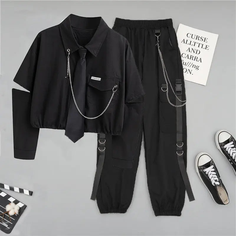 Female Set Woman 2 Pieces Pants Korean Fashion Chain Streetwear Harajuku Shirt+Sweat High Waist Y2k Aesthetic Two-piece Suit