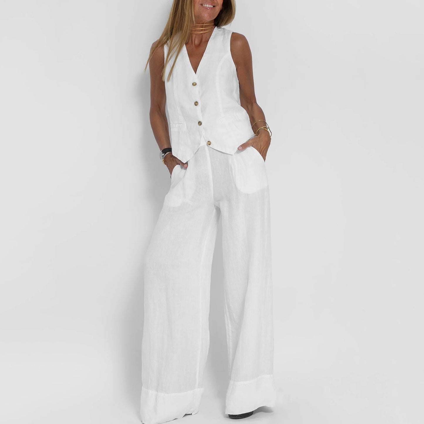 2 Piece Suit for Women Autumn Winter Suit Set Stylish Women's Cotton Linen Suit Sleeveless Vest Wide Leg Pants Set for Office