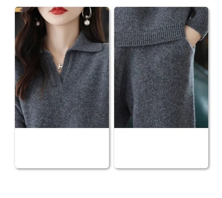 Knitted Suit Women's 2024 New Fashion Autumn Winter Long-sleeved Lapel Sweater+Wide leg pants Female Loose Casual Two-piece Sets