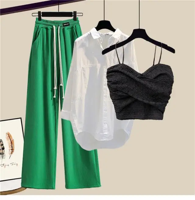 2023 Summer New Wide Free Casual Wide Leg Trousers White Shirt Wave Bra Vest Three Piece Elegant Women's Pants Set Tracksuit