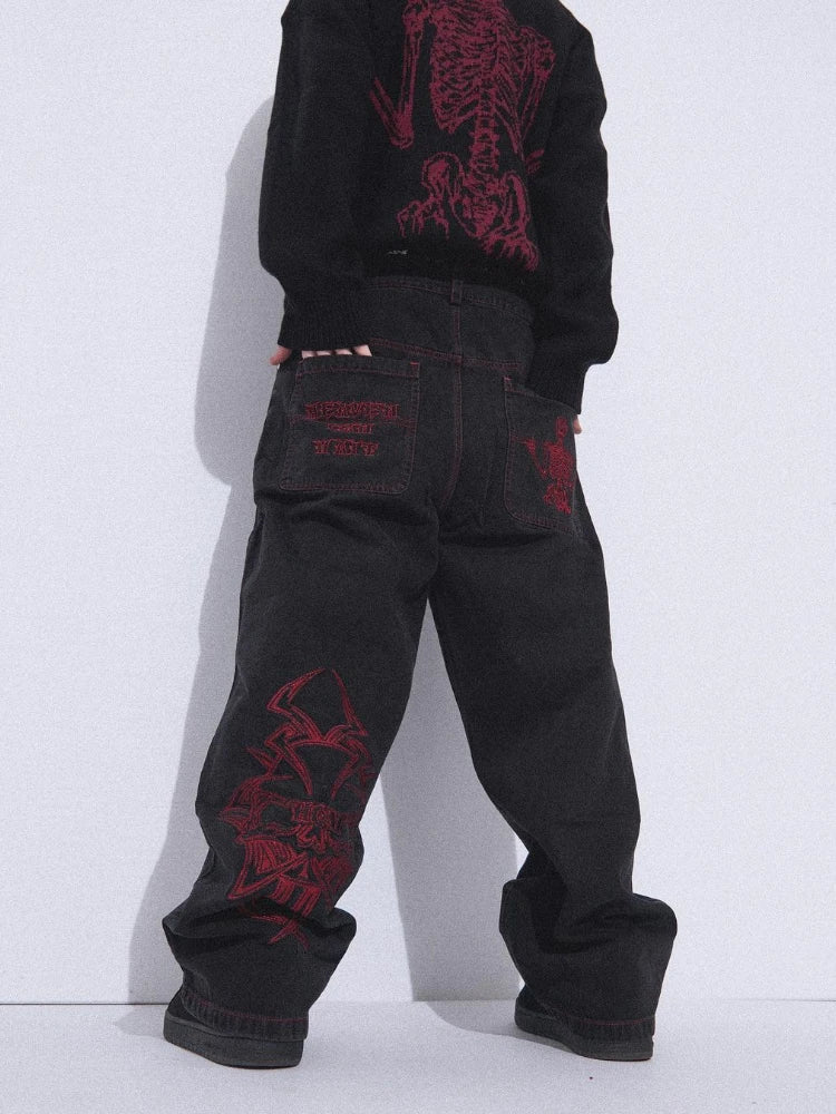 Y2K Jeans Mens Hip Hop Retro Skull Embroidery Washed Baggy Denim Pants New Straight Casual Loose Wide Leg Trouser Streetwear
