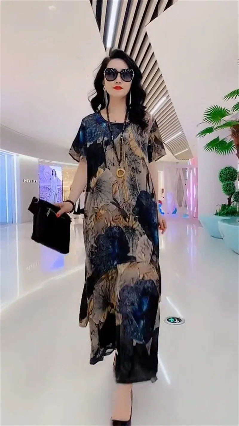 5XL Summer Sets Large Silk Wide Leg Trouser Set Women's Spring 2023 New Print Silk Fashion Slim Two Piece Set Female Elegant