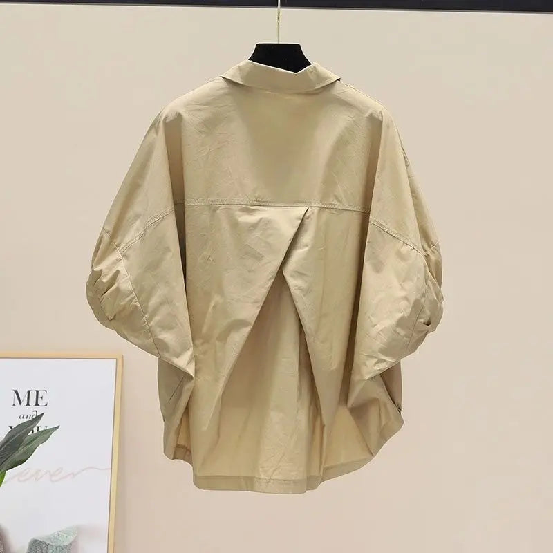 Summer New Bat Sleeve Pockets Shirt Women Loose Casual Short Sleeve Blouse Solid Lace Up Tops Half Shirts Lady High Street Trend