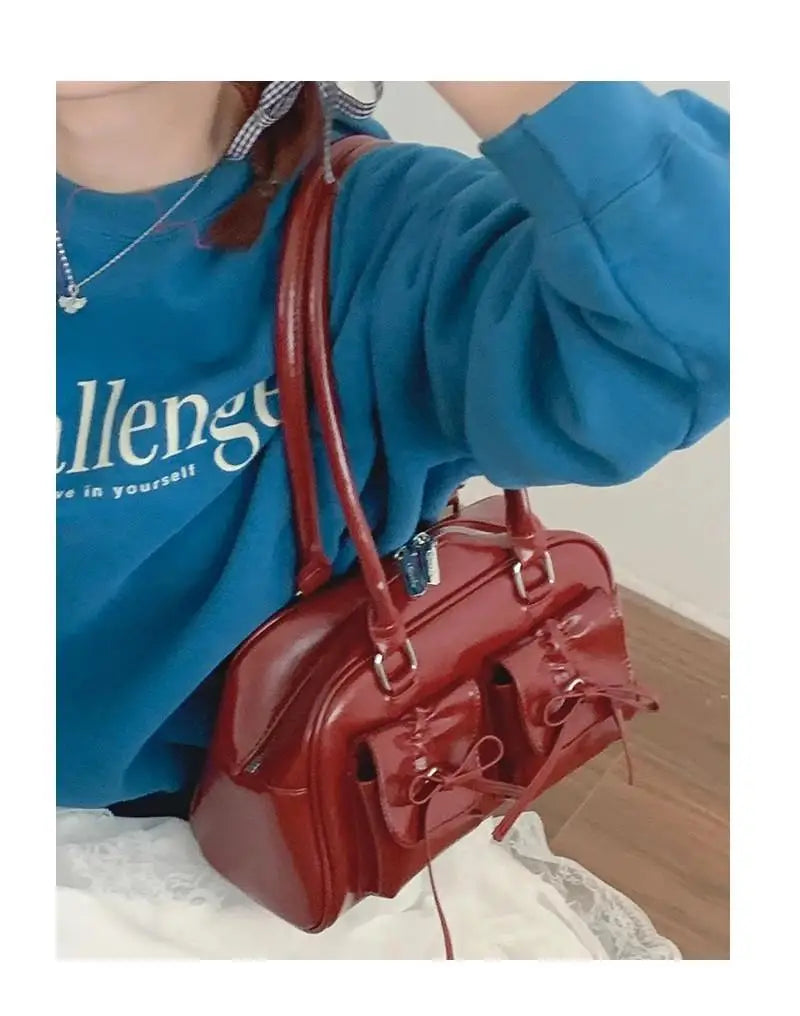 Xiuya Silver Pleated Womens Shoulder Bag Elegant Gentle Korean Fashion Leather Handbag Bow Sweet New Simple Ladies Boston Bag