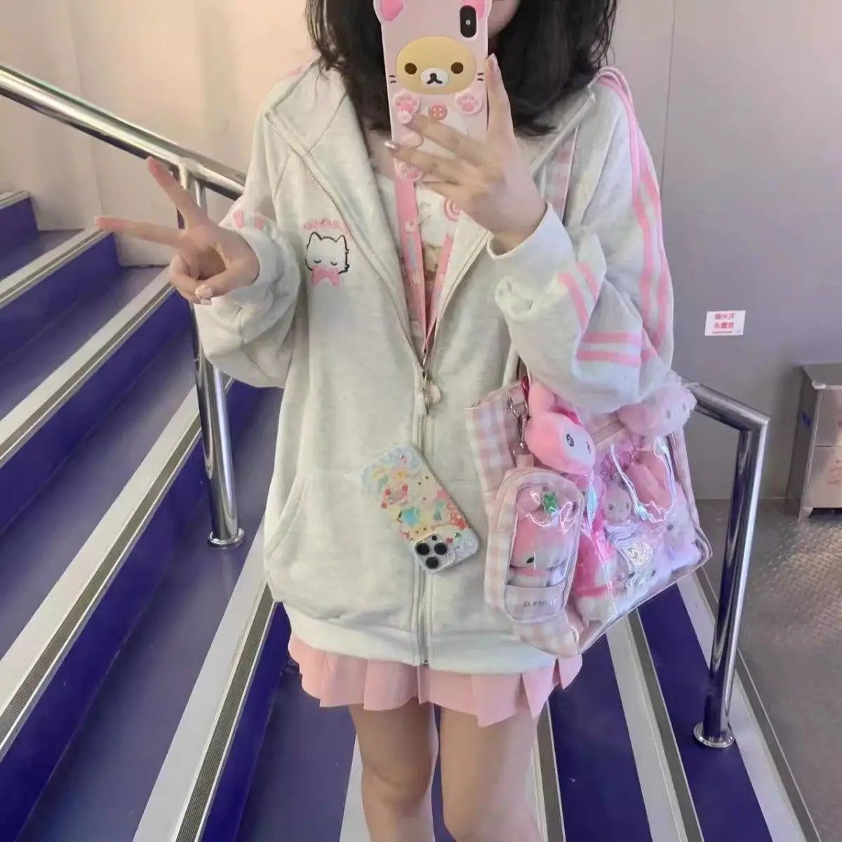 HOUZHOU Japanese Fashion Kawaii Zipper Hoodie Women Harajuku Cute Pink Cat Embroidery Oversized Hooded Sweatshirt Winter 2023