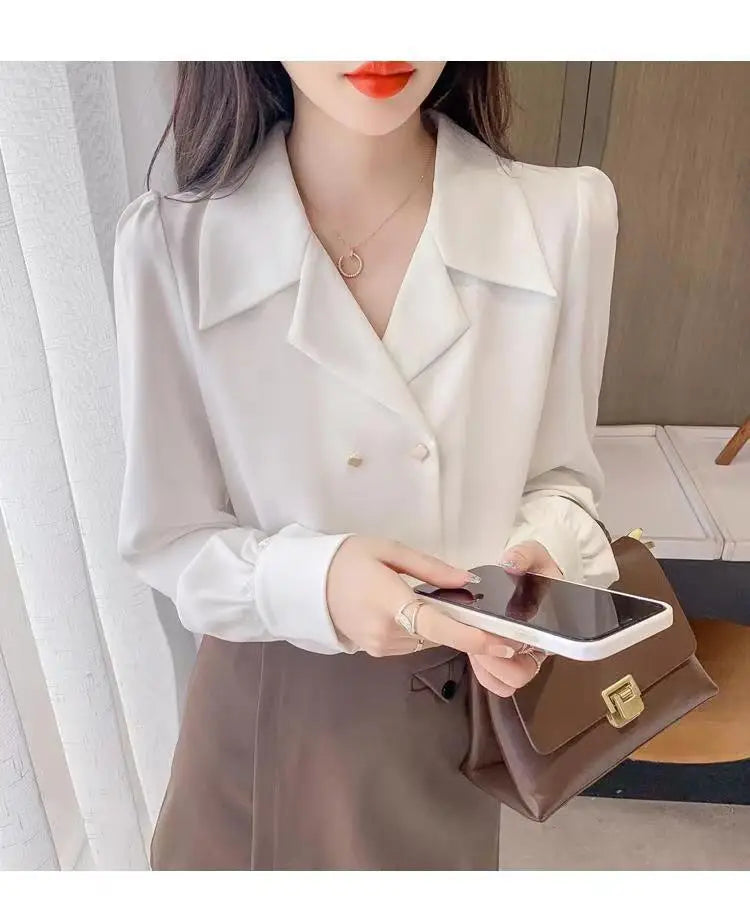 Double Breasted French Turn Down Collar Long-sleeve Solid Top Office Lady Shirt And Blouses Casual Woman Clothing Simple Elegant