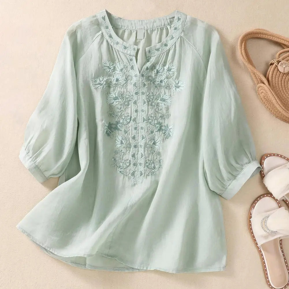 Cotton Linen Flower Embroidery Shirt Women Three Quarter Sleeves V Neck Casual Blouse Loose Solid Color Mother Blouse Women Top