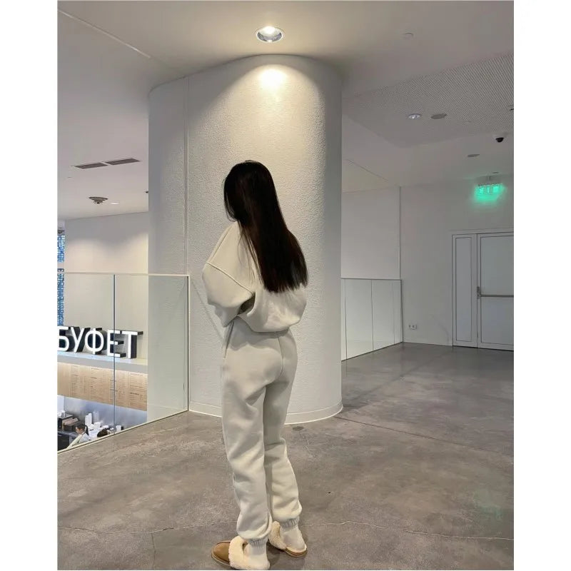 Autumn Hoodie Two Piece Sets Casual Long Sleeve Sweatshirts and Trousers Fleece Warm Two Piece Sets Lady Suit Women's Tracksuit