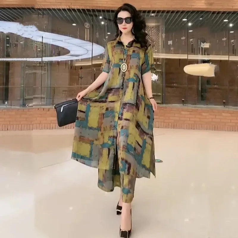 5XL Summer Sets Large Silk Wide Leg Trouser Set Women's Spring 2023 New Print Silk Fashion Slim Two Piece Set Female Elegant