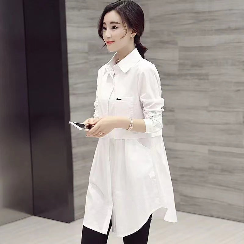 All-match Button Solid Midi Autumn Blouse for Female 2023 Korean Fashion Spliced Shirt Loose Long Sleeve Winter Polo-Neck Shirt