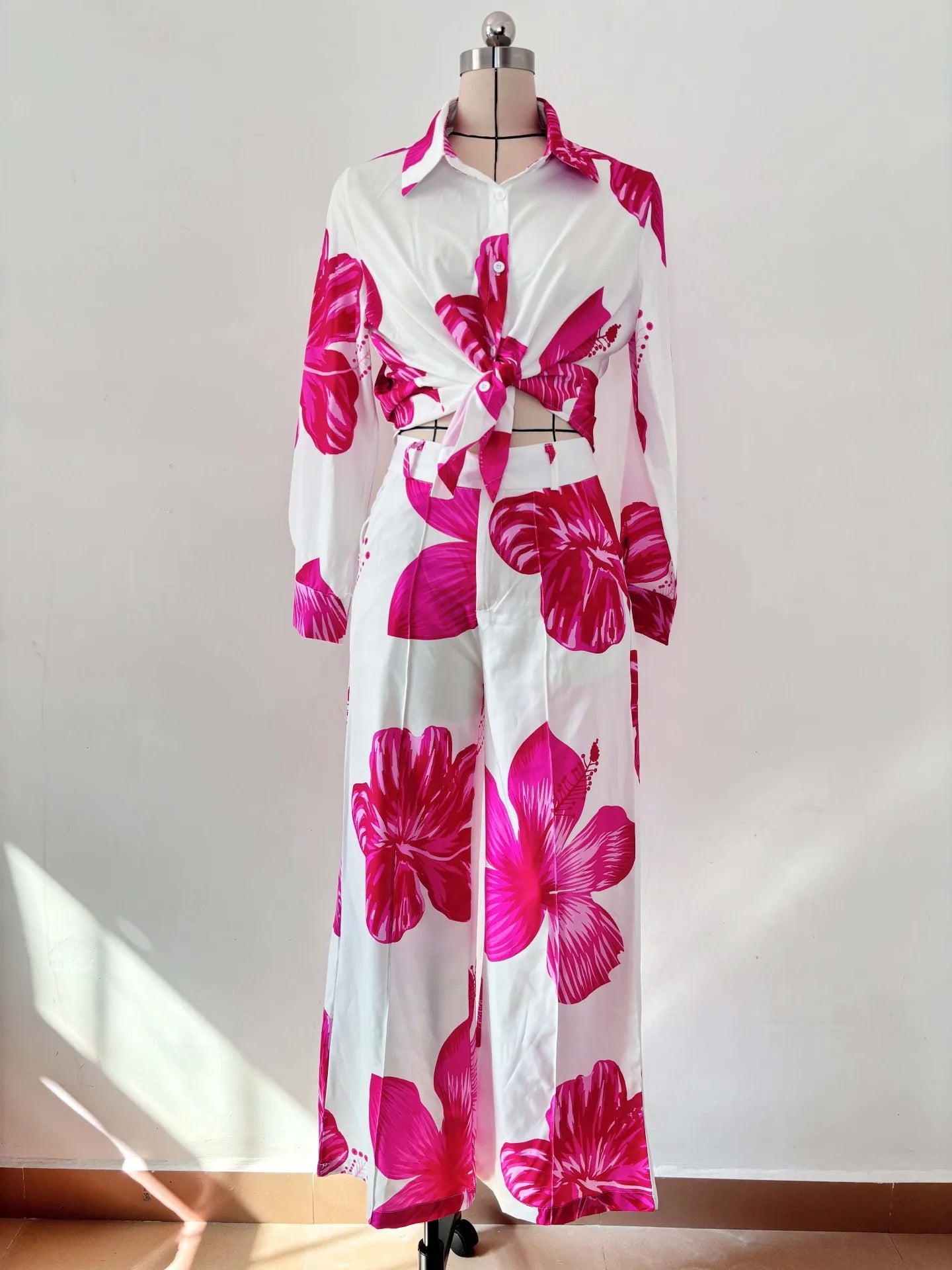 2023 Women's Casual Daily Shirt Set Floral Fashion Printed Shirt Spring Autumn Wide Leg Pants Women's Office Two-piece Set