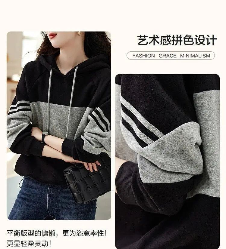 Autumn Winter Loose Casual Patchwork Hoodies Ladies Simple Fashion All-match Pullover Top Women Hooded Sweatshirt Female Clothes
