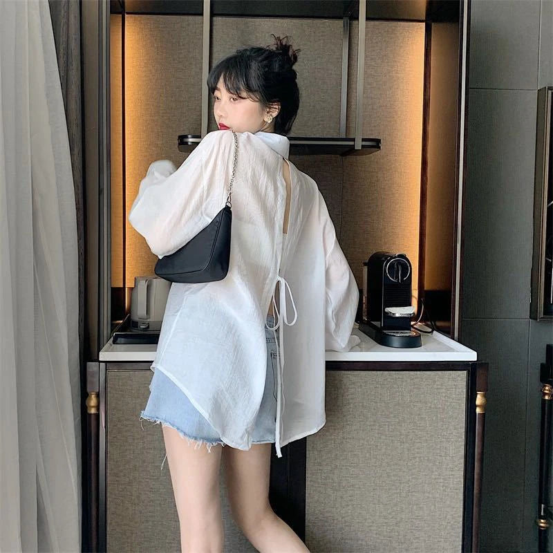 Summer Sun Protection Shirt Women Elegant Chic Loose Lace Up Blouses Korean Fashion Harajuku Long Sleeve Thin Tops Ladies New