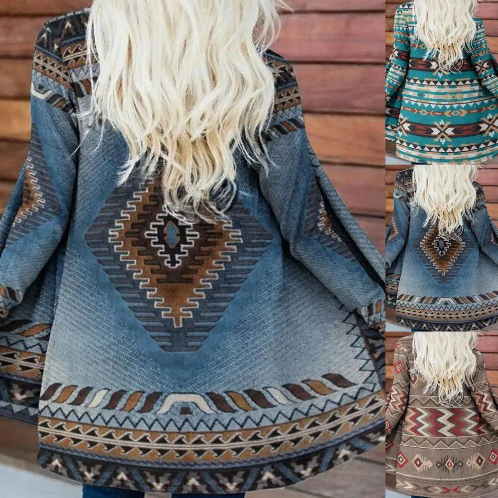 Pretty Female Coat Long Sleeve Coat Comfortable Ethnic Print Cardigan Top Winter Coat Keep Warm