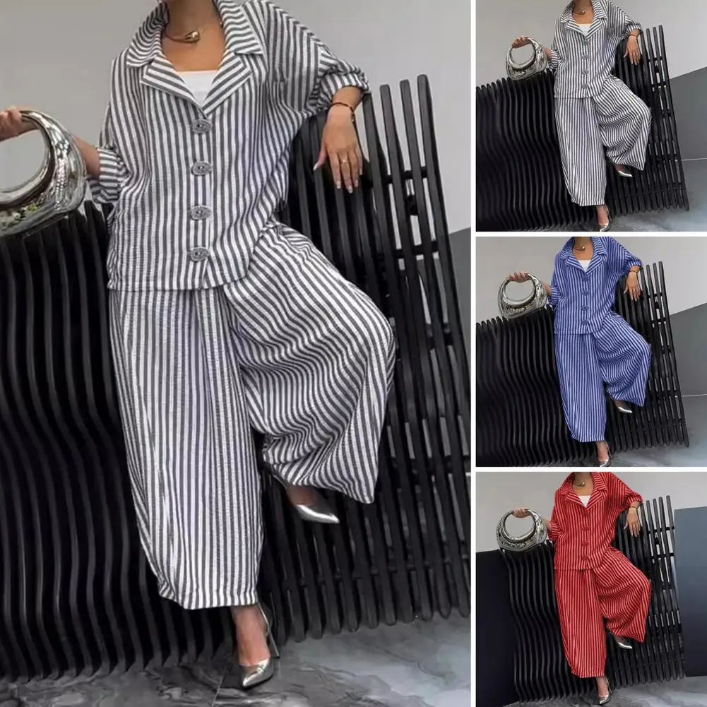 Wide-leg Pants Suit for Women Autumn Women's Casual Suit with Long-sleeved Shirt Top Wide-leg Harem Pants Lapel Striped