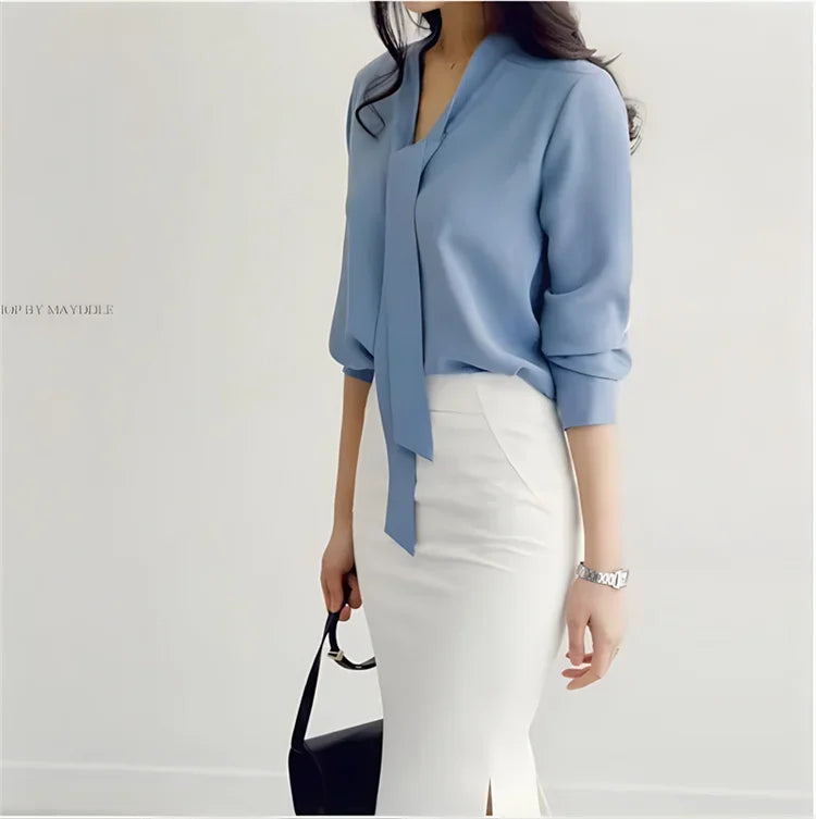 Pullover Blouse Summer Shirts for Women Korean Fashion Office Blouses blusas Autumn Long Sleeve Tie Bow Chiffon Formal Shirts