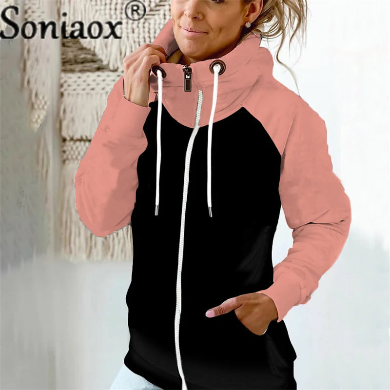 Casual Color Block Sweatshirt Women Zip Up Hoodies Cardigan Long Sleeve Loose Hooded Sweatshirts Coats Jackets Streetwear Tops